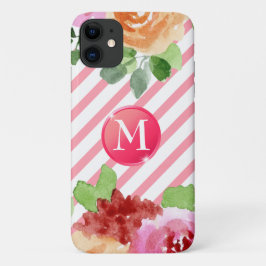 Capa Para iPhone 11 Girly Floral Stripes Monograma Personalizado
