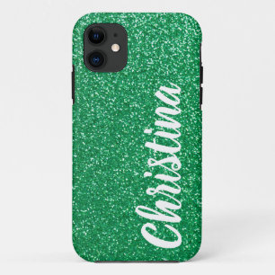 Capa Para iPhone 11 Girly Green Glitter Name Personalizado