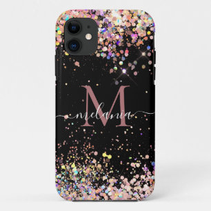 Capa Para iPhone 11 Girly Holographic Glitter Monographic Name Black
