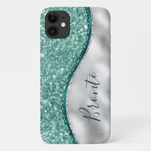 Capa Para iPhone 11 Girly Mint Green Turquoise Emerald & Silver (Verso)