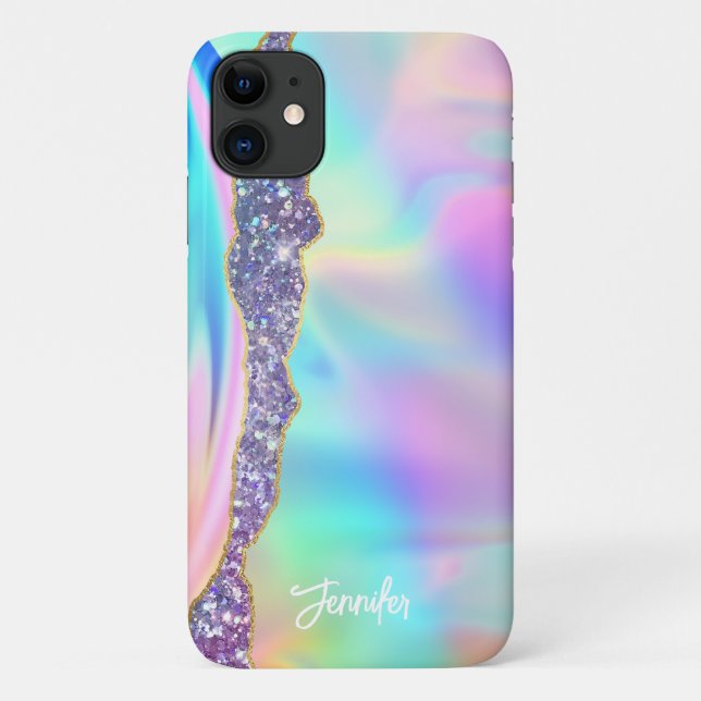 Capa Para iPhone 11 Girly Modern Iridescente Nome Personalizado do Arc (Verso)