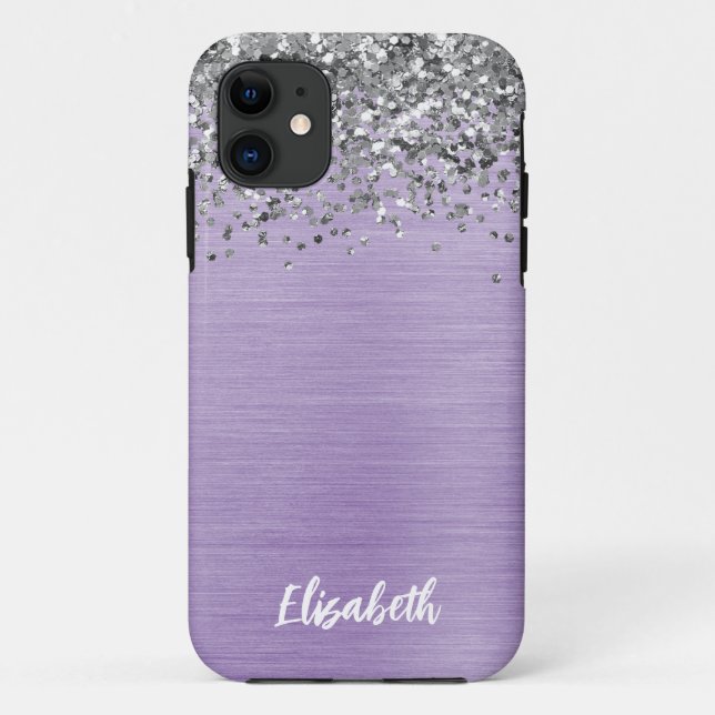 Capa Para iPhone 11 Girly Purple Glitter Monograma Nome (Verso)