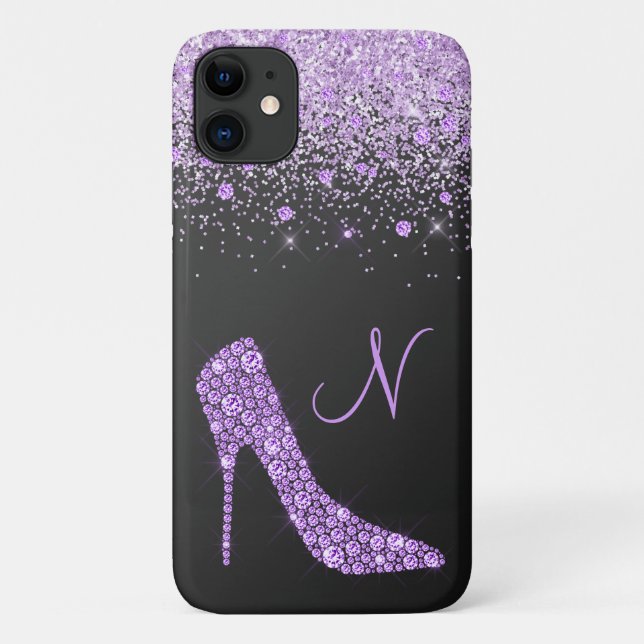 Capa Para iPhone 11 Girly Purple Glitter Shoe Script Monogram Black (Verso)