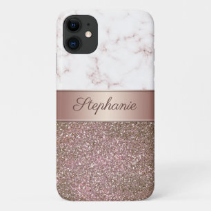 Capa Para iPhone 11 Girly Rosa Dourado Glitter e Marble Add Name