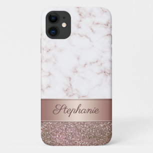 Capa Para iPhone 11 Girly Rosa Dourado Glitter e Marble Script Name