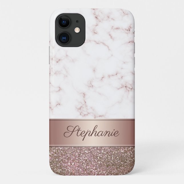 Capa Para iPhone 11 Girly Rosa Dourado Glitter e Marble Script Name (Verso)