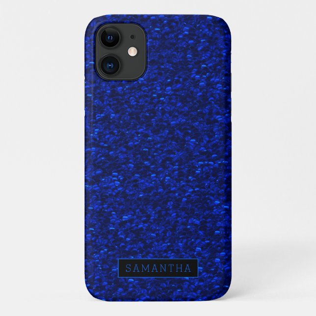 Capa Para iPhone 11 Girly Royal Blue Sparkle Sequins Monograma (Verso)