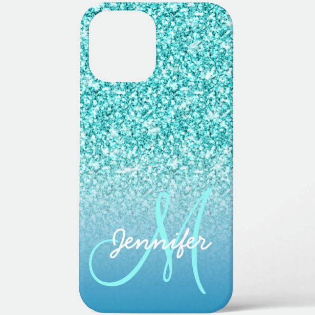 Capa Para iPhone 11 Girly Teal Faux Glitter Monograma Nome Personaliza (Criador carregado)