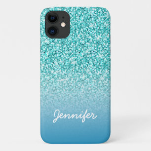 Capa Para iPhone 11 Girly Teal Glitter Monograma Nome Personalizado