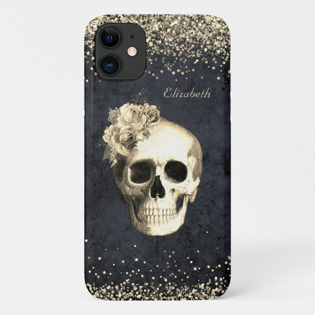 Capa Para iPhone 11 Glam Gótico Glitter Dourado Caveira  (Verso)