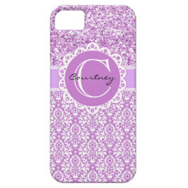 Capa Para iPhone 11 Glitter & Damask púrpura com nome e Cobrir inicial