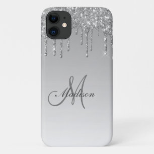Capa Para iPhone 11 Glitter de prata Monograma brilha Grelha Grelha Me