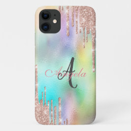 Capa Para iPhone 11 Glitter Drives Rosa Dourado,Monograma Holográfico