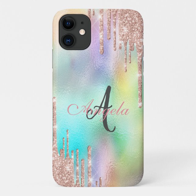 Capa Para iPhone 11 Glitter Drives Rosa Dourado,Monograma Holográfico (Verso)