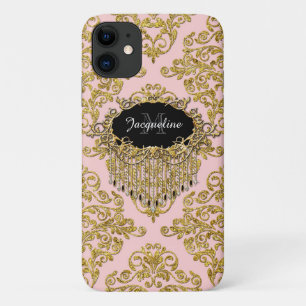 Capa Para iPhone 11 Glitter Elegante de Damasco de Vintage Ouro Rosa