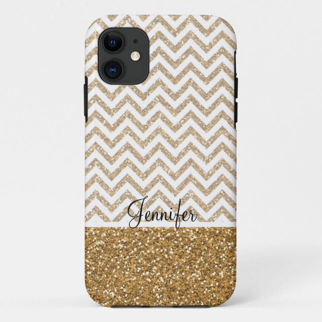Capa Para iPhone 11 Glitter Glitter Chevron Dourado Glam Faux (Verso)