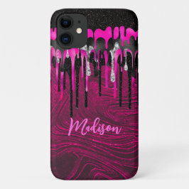 Capa Para iPhone 11 Glitter preto rosa quente quente pia pinga monogra