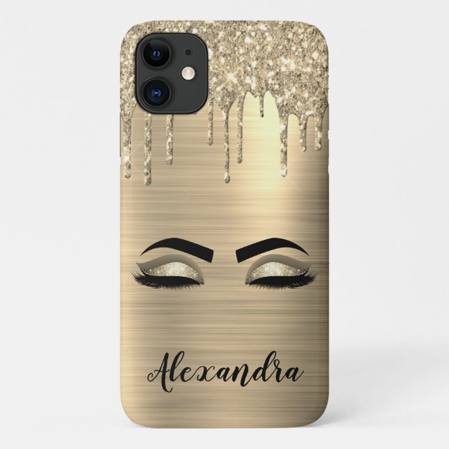 Capa Para iPhone 11 Glitter Sparkle Eyelashes Dourado Nome do Monogram (Verso)