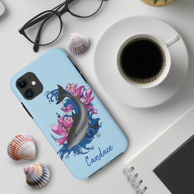 Capa Para iPhone 11 Golfinhos Flores de Lotus Cerejeiros (Criador carregado)