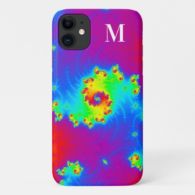 Capa Para iPhone 11 Gradiente de Arco-Íris Monogramado Espiral Fractal (Verso)