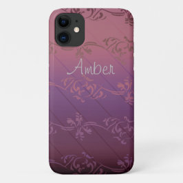 Capa Para iPhone 11 Gradiente Rosa Roxo Listrado Padrão Floral Folha M