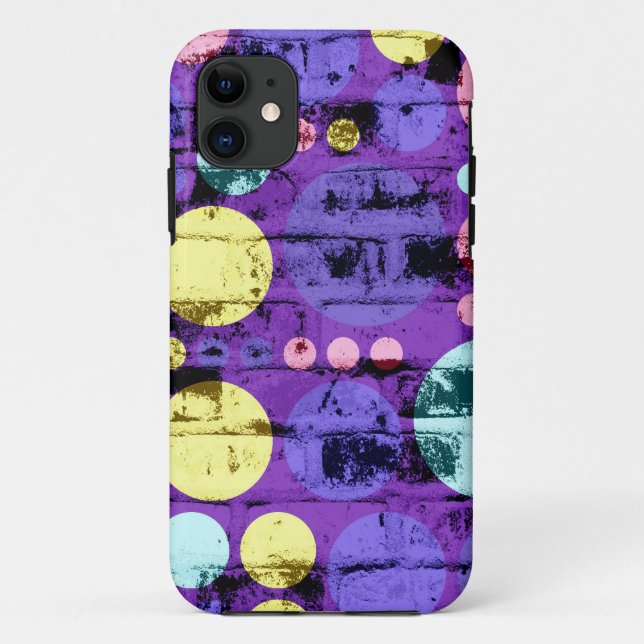 Capa Para iPhone 11 Grandes Bolinhas Retro | Grunge púrpura amarela (Verso)