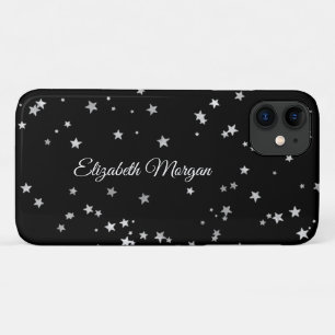 Capa Para iPhone 11 Grandes Estrelas Prateadas em Preto, Nome em Letra