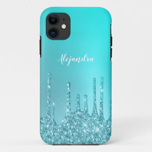 Capa Para iPhone 11 Grelha azul esbelta e glitter