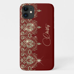 Capa Para iPhone 11 Grelha elegante de cor vermelha e de renda dourada