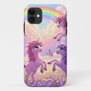 Capa Para iPhone 11 Grupo De Unicórnios Rosa e Roxo Fofo e Arco-íris