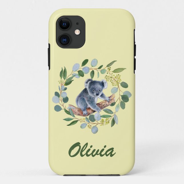 Capa Para iPhone 11 Guirlanda de Koala e Eucalipto em Aquarela (Verso)