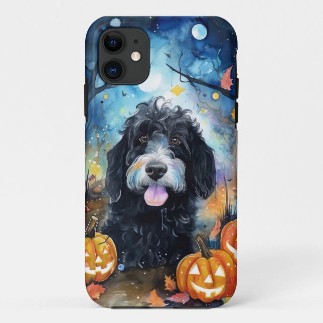 Capa Para iPhone 11 Halloween Bernedoodle Com Pumpkins Assustado (Verso)