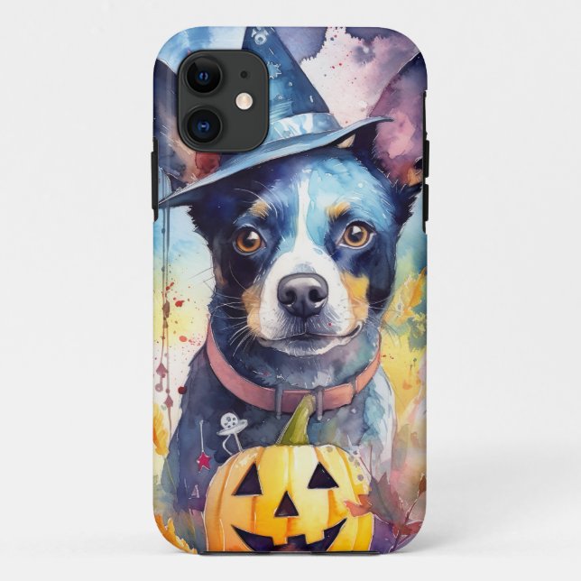 Capa Para iPhone 11 Halloween Blue Heeler Com Pumpkins Assustado (Verso)