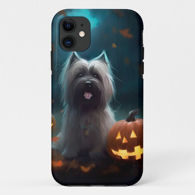 Capa Para iPhone 11 Halloween Skye Terrier Com Pumpkins Assustado (Verso)