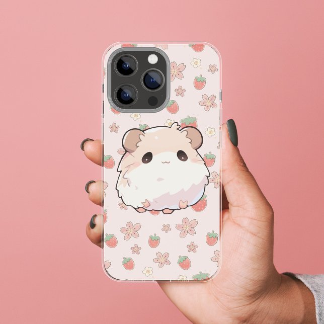 Capa Para iPhone 11 Hamster bonito com fundo floral de morango (Criador carregado)