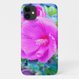 Capa Para iPhone 11 Hibisco Rosa Elegante com Folhagem Azul ondulada