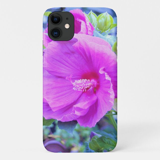 Capa Para iPhone 11 Hibisco Rosa Elegante com Folhagem Azul ondulada (Verso)
