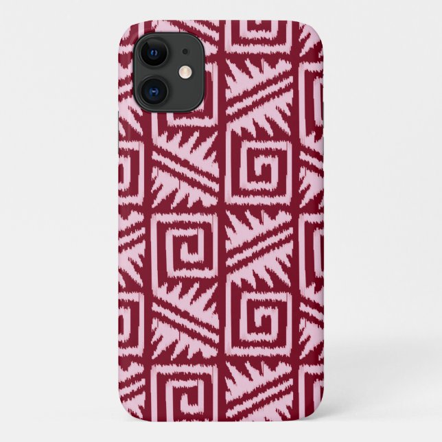 Capa Para iPhone 11 Ikat Aztec Pattern - Borgonha e Rosa (Verso)