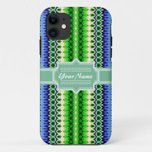 Capa Para iPhone 11 Ikat Chevron Tribal Azul e Verde Personalizado