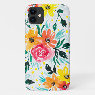 Capa Para iPhone 11 Ilustração das flores amarelas cor-de-rosa-d'água