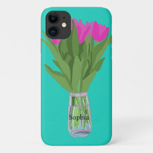 Capa Para iPhone 11 Ilustração Moderna da Flor de Tulip bonito + Nome