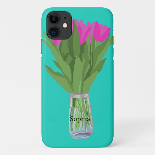 Capa Para iPhone 11 Ilustração Moderna da Flor de Tulip bonito + Nome (Verso)