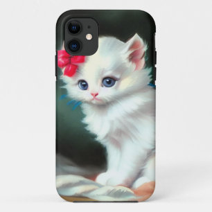 Capa Para iPhone 11 Ilustração Vintage White Kitten com Flores Vermelh
