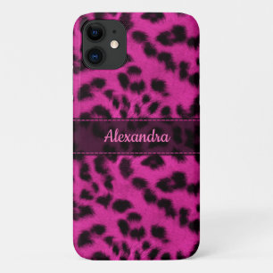 Capa Para iPhone 11 Impressão de Pele-Leopardo-da-Neve Rosa, Nome Pers