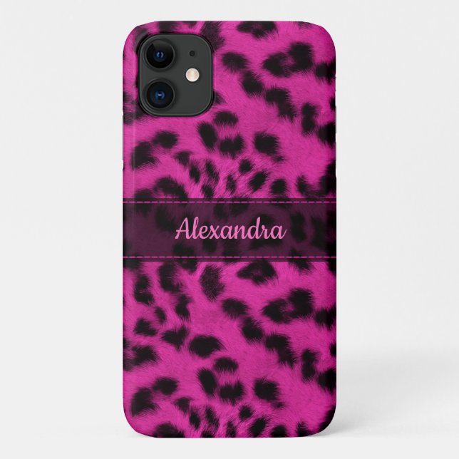 Capa Para iPhone 11 Impressão de Pele-Leopardo-da-Neve Rosa, Nome Pers (Verso)
