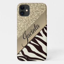 Capa Para iPhone 11 Impressão de Zebra com Glitter Glam Dourado Person