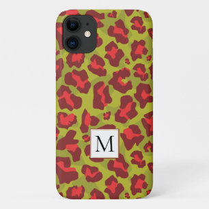 Capa Para iPhone 11 Impressão e monograma de leopardo vermelho e verde