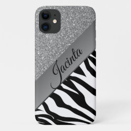 Capa Para iPhone 11 Impressão Glam Silver Glitter Zebra Personalizada