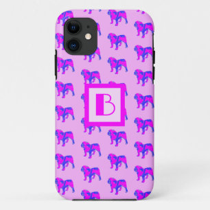 Capa Para iPhone 11 Inglês Buldogue Cinto Rosa Azul Silhute Monograma
