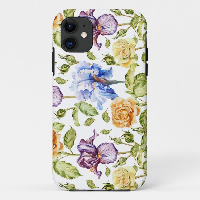Capa Para iPhone 11 Iris e rosa aquarela padrão floral (Verso)